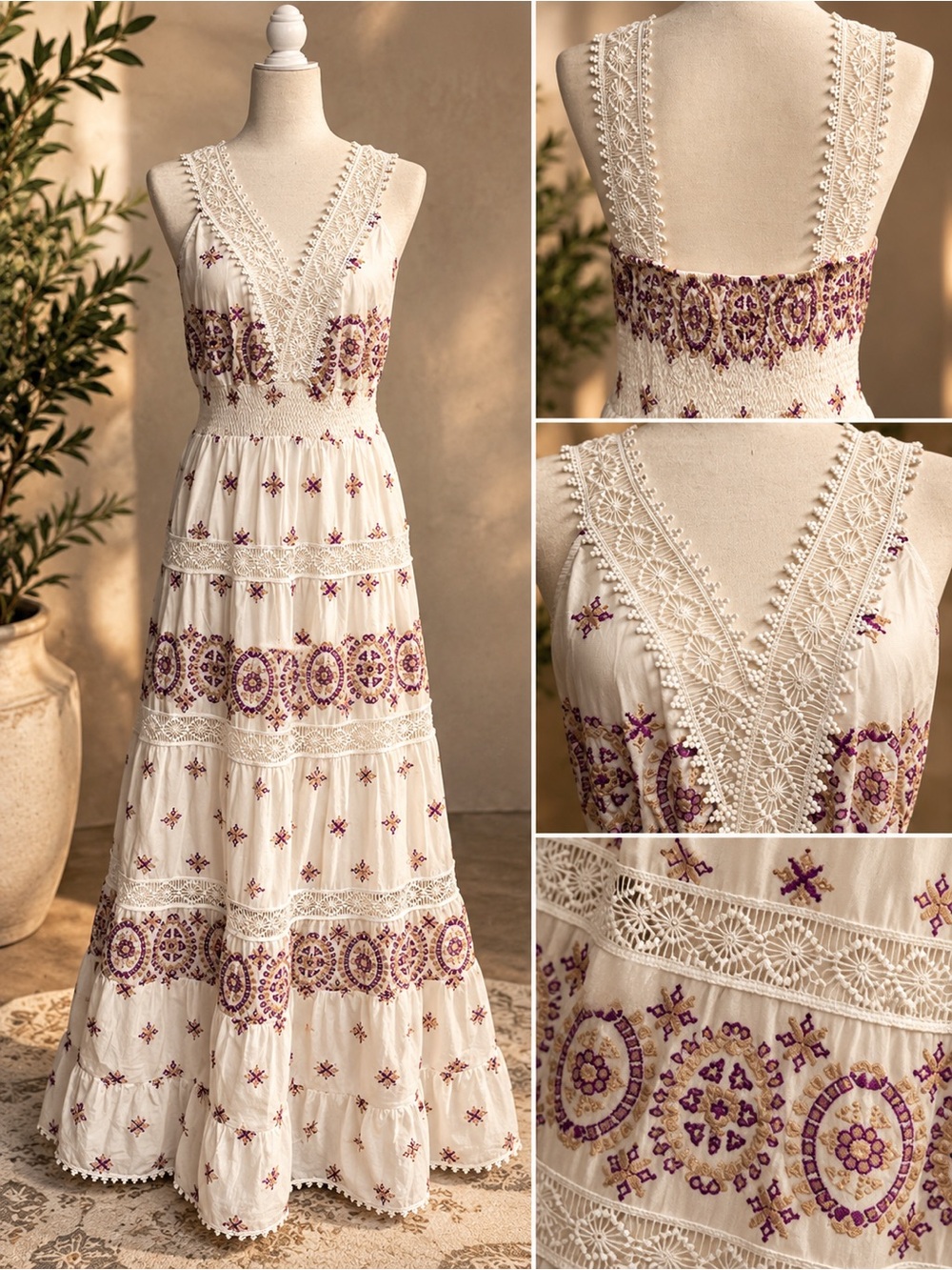 JJ’s Fairyland Embroidered Lace Tiered Maxi Dress White Purple M NWT